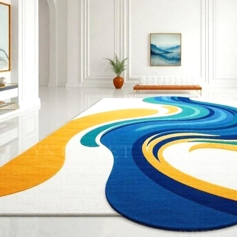 Handcrafted Blue Yellow Wave Living Room Rug